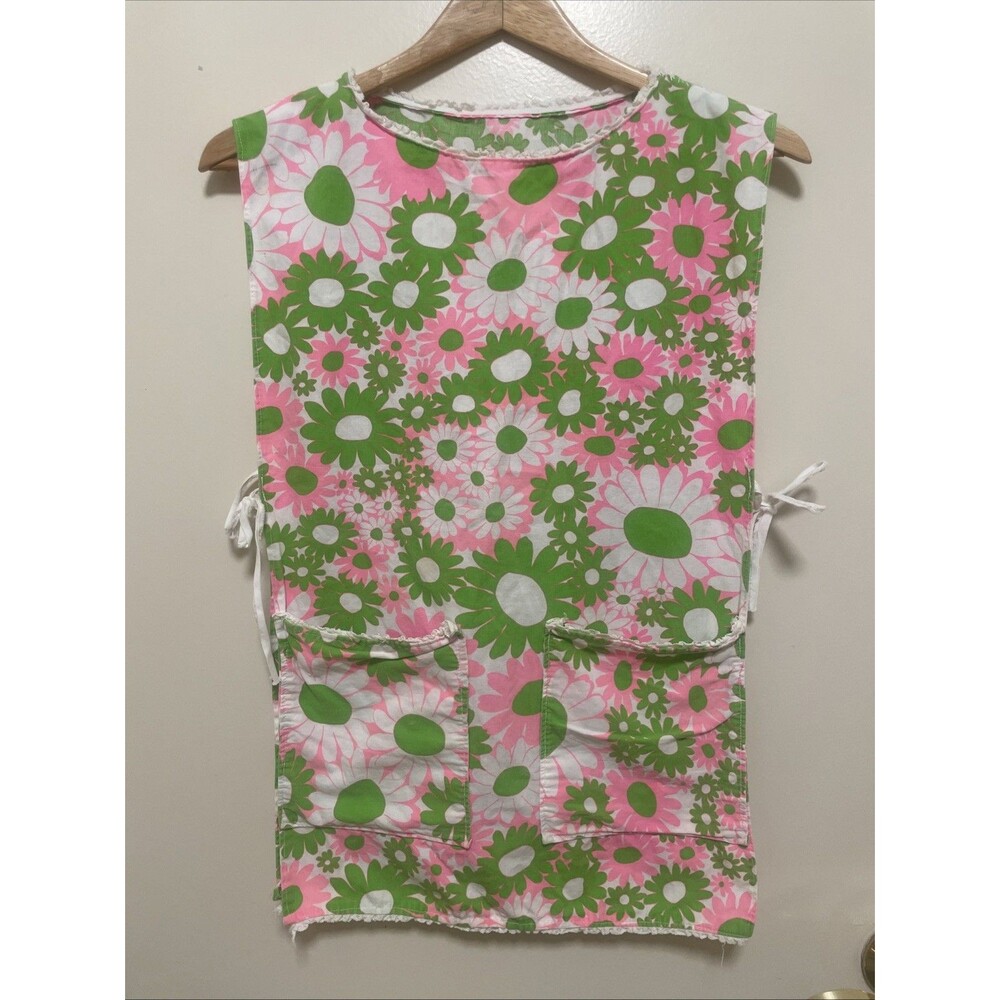 Vintage 1970s Mod Floral Print Sleeveless Apron Mumu Cover Up Retro Small